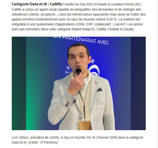 Callifly vainqueur de l'IT Partners 2026 IA DATA